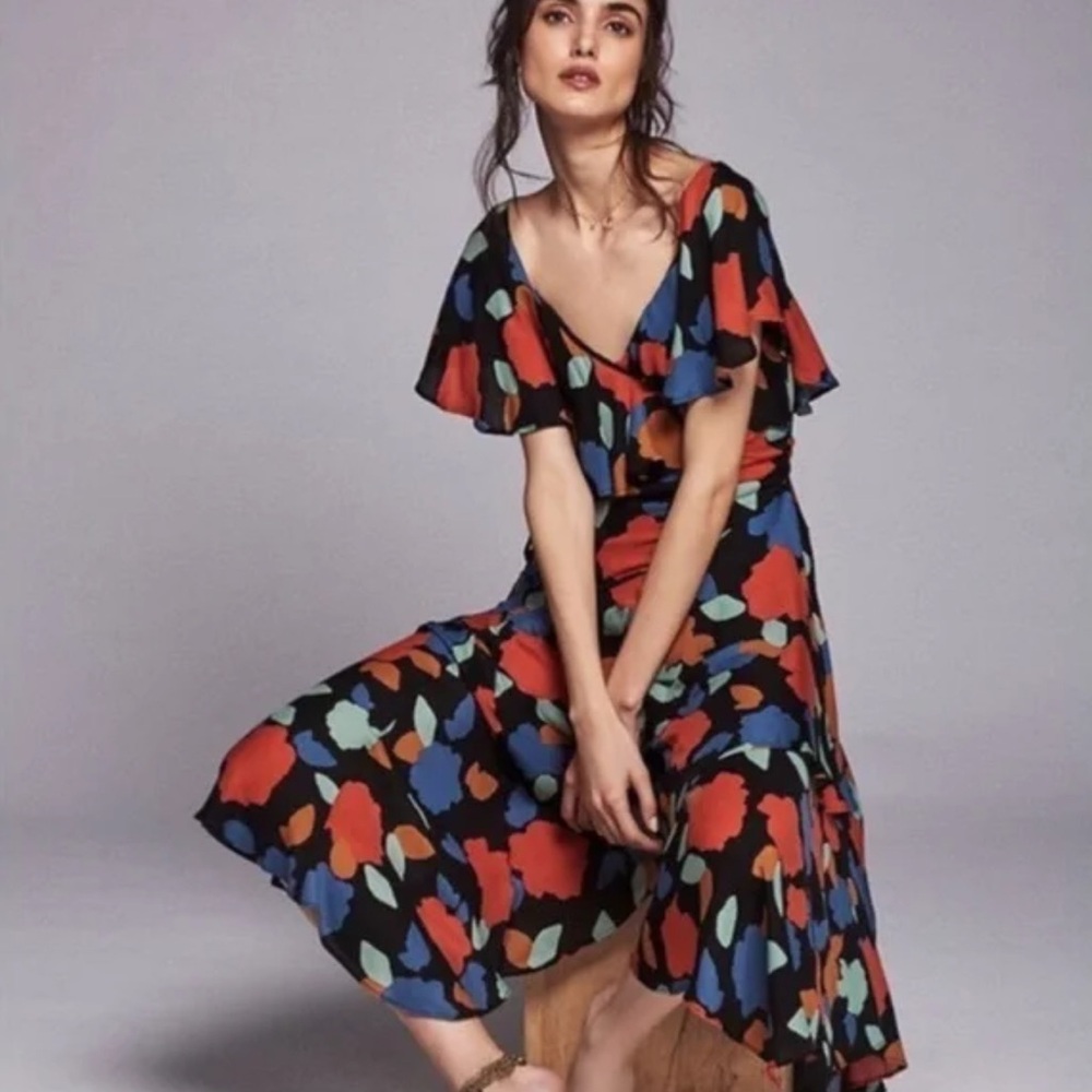 Free People Floral Wrap Maxi Dress – XS-Small, Bohemian Flouncy Bias-Cut
